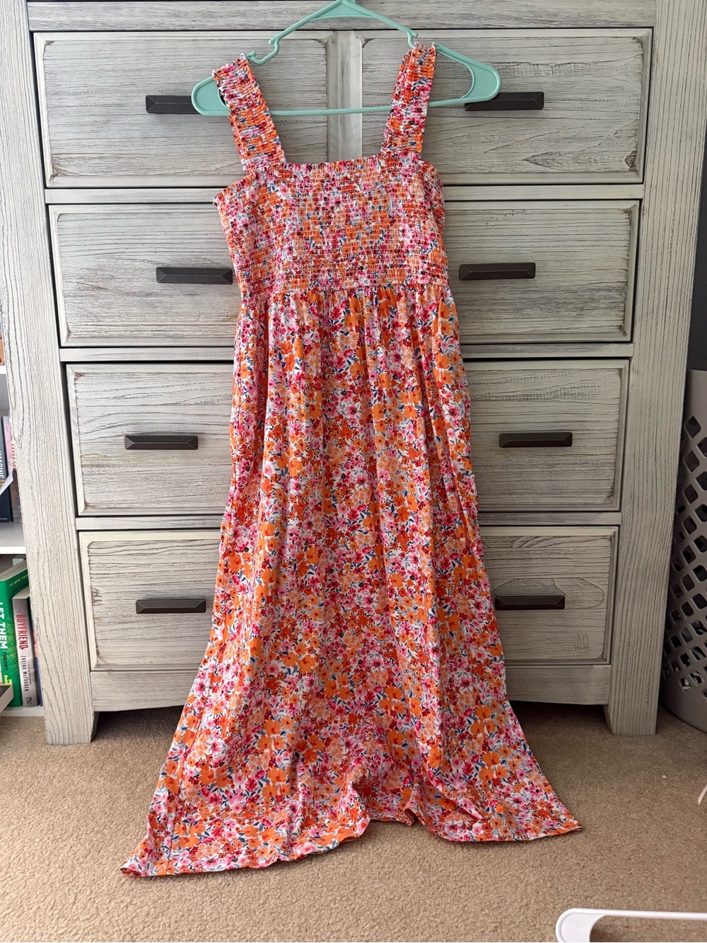 Old Navy Orange and Pink Floral Smocked Midi Dress